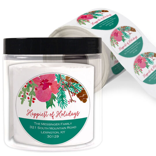 Christmas Branches Round Address Labels in a Jar